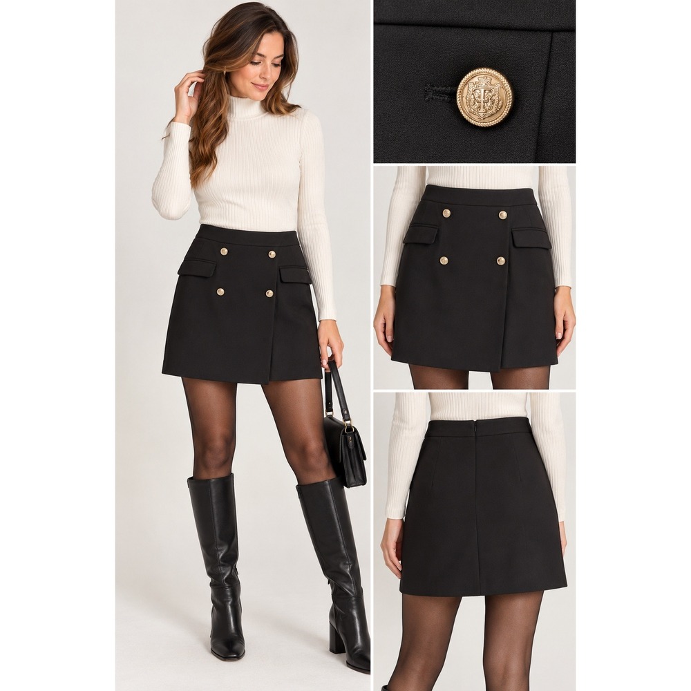 Talbots Mini Skirt 12 Black Double Breasted Gold Button Preppy Career Academia